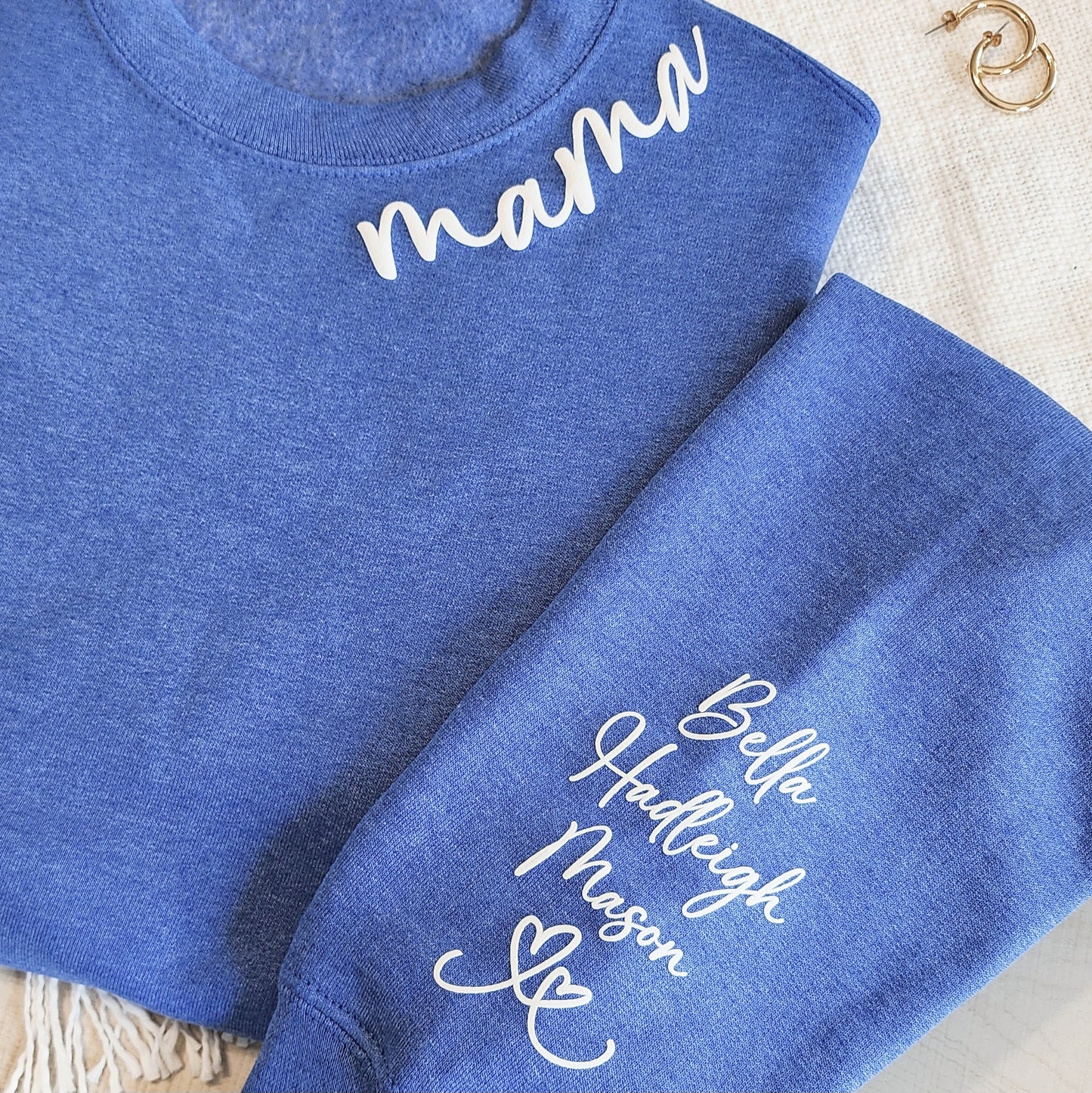 Personalized Puff Embossed Script Collar Mama Sweatshirt with Kid Names on Sleeve