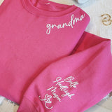Personalized Puff Embossed Script Collar Grandma Sweatshirt with Kid Names on Sleeve