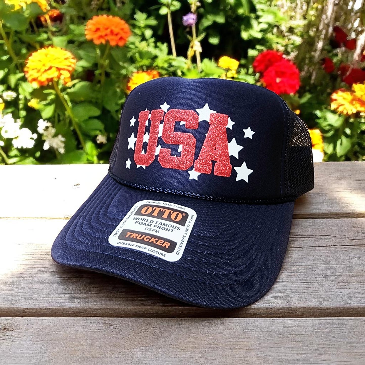 USA Trucker Hat, Glitter Puff Embossed Print