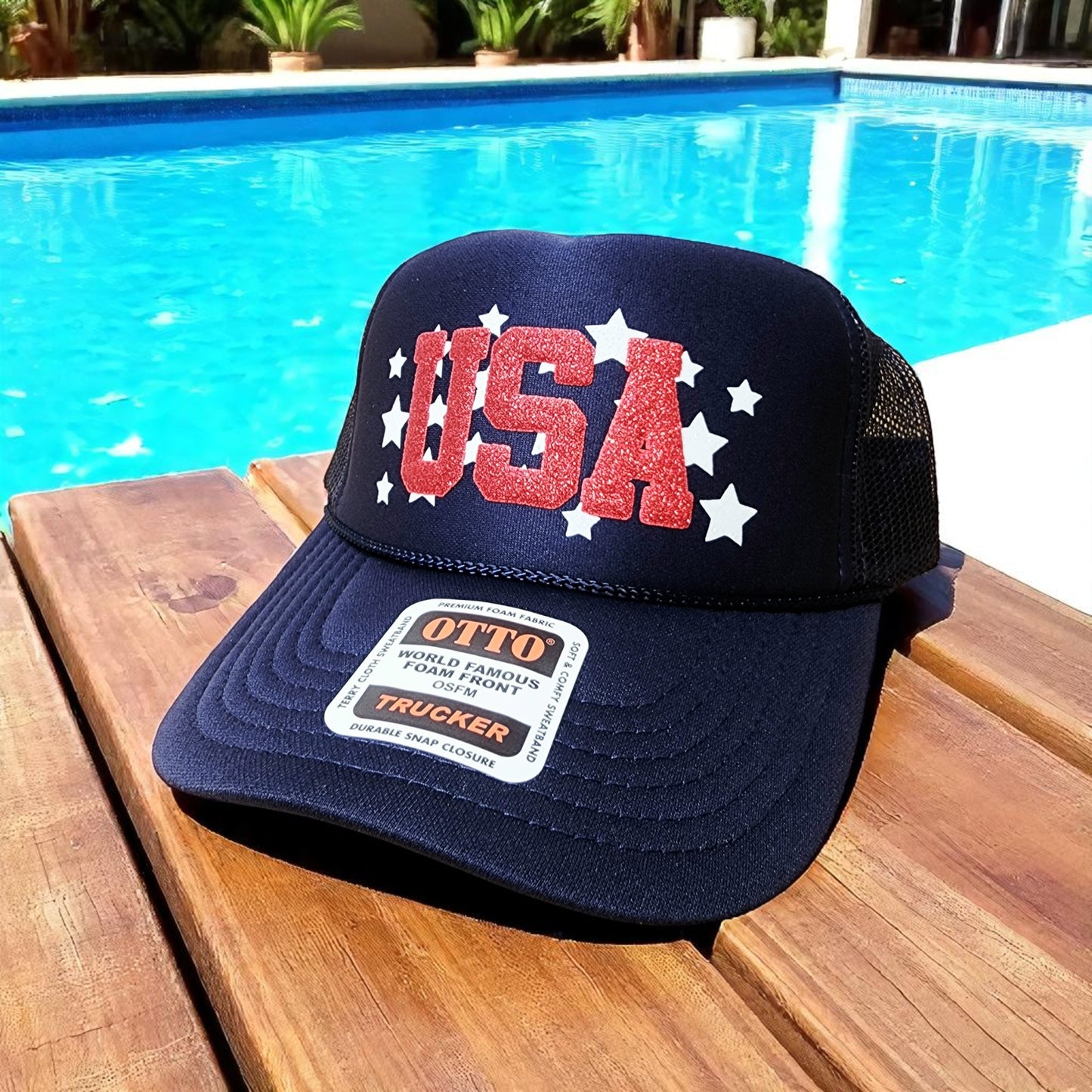 USA Trucker Hat, Glitter Puff Embossed Print