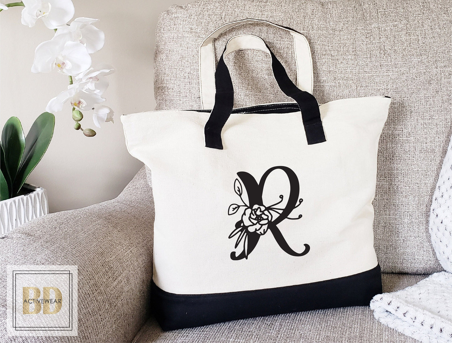 Zipper Tote Bag, Monogram bag, Yoga Bags, yoga studio gift, yoga mat bag, yoga bag, carryall bag, Personalized Tote Bag, Cotton Canvas Tote