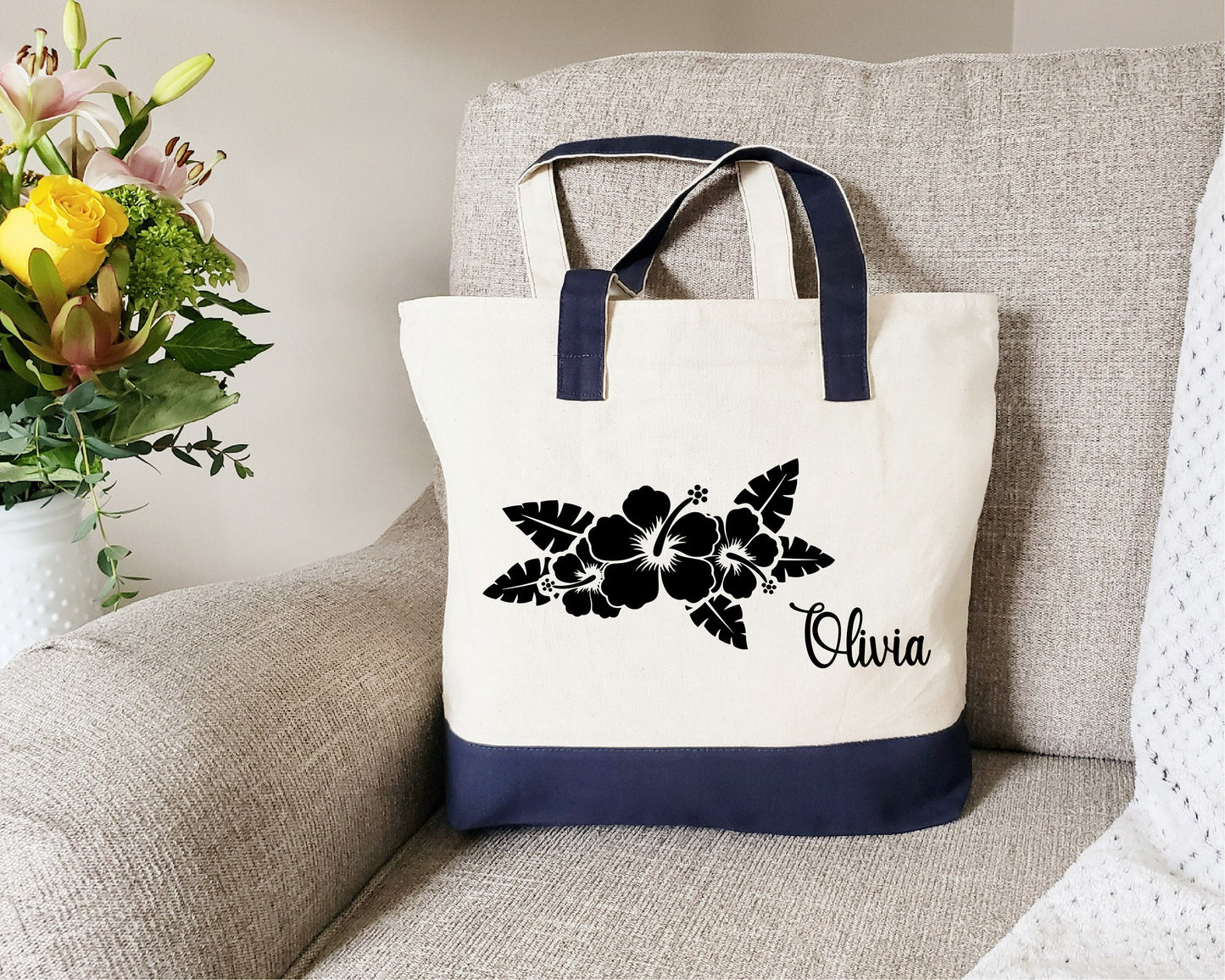 Zipper Tote Bag, Floral Custom Tote Bag, Cotton Canvas Tote, Hibiscus Tote Bag, Personalized tote bag, Beach Tote Bag, Personalized Gifts