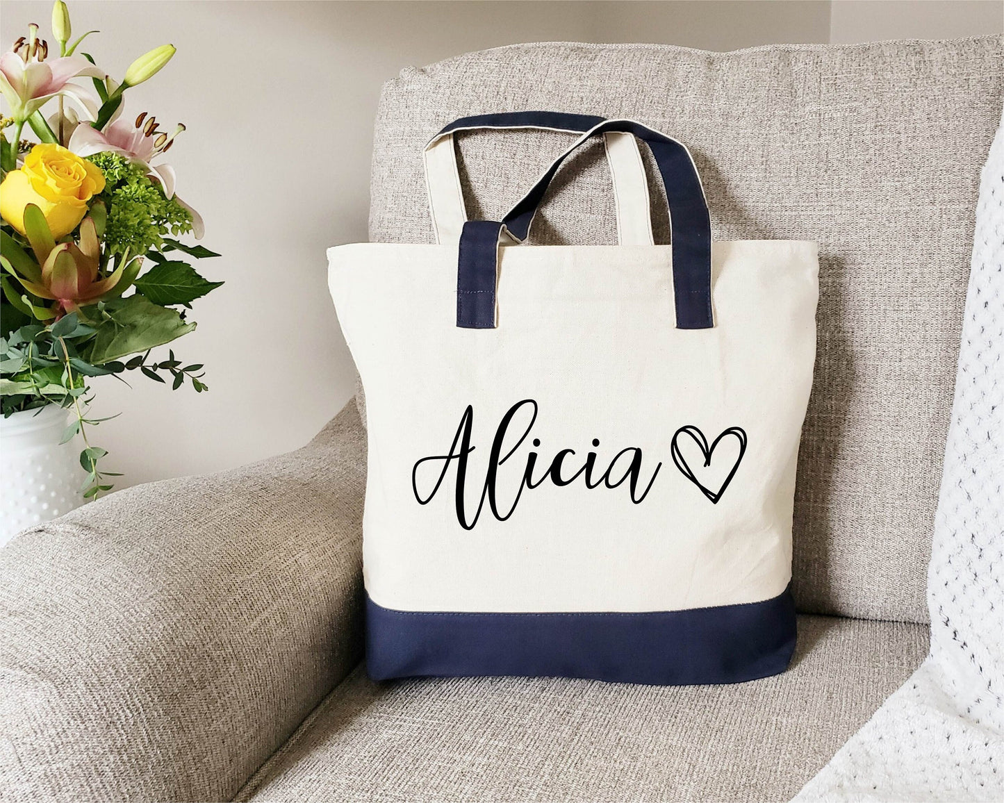 Zipper Tote Bag, Name with Heart Tote Bag, Heart Tote Bag, Bridesmaid Tote, Personalized Bride bag, Personalized gift, Cotton Canvas Tote