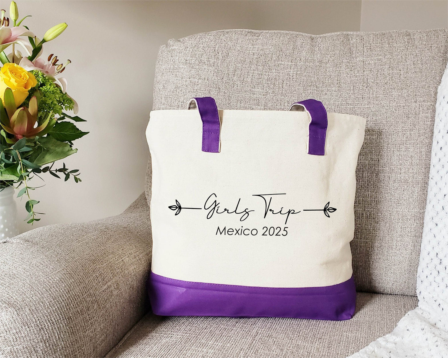 Girls Trip Tote Bag, Custom Tote Bag, Canvas with Zipper, Vacation Tote Bag, Personalized Girls Trip Gifts