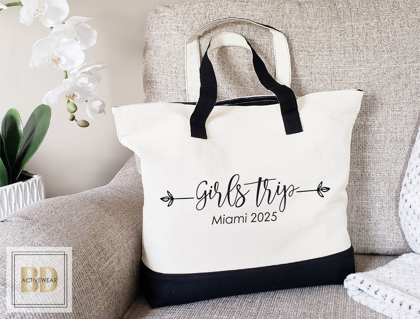 Girls Trip Tote Bag, Custom Tote Bag, Canvas with Zipper, Vacation Tote Bag, Personalized Girls Trip Gifts