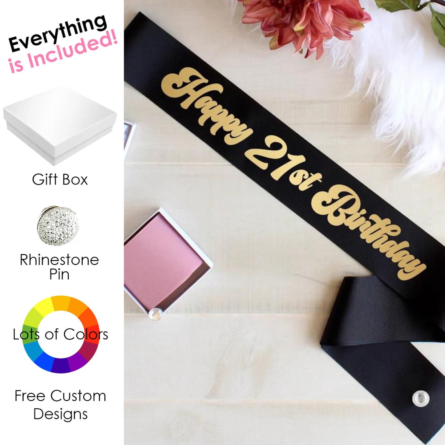 21st Birthday Sash, Birthday Sash for Women, Glittery Birthday Sash, Birthday Girl Sash, Blingy Birthday Sash, Drinking Sash, Custom Sash