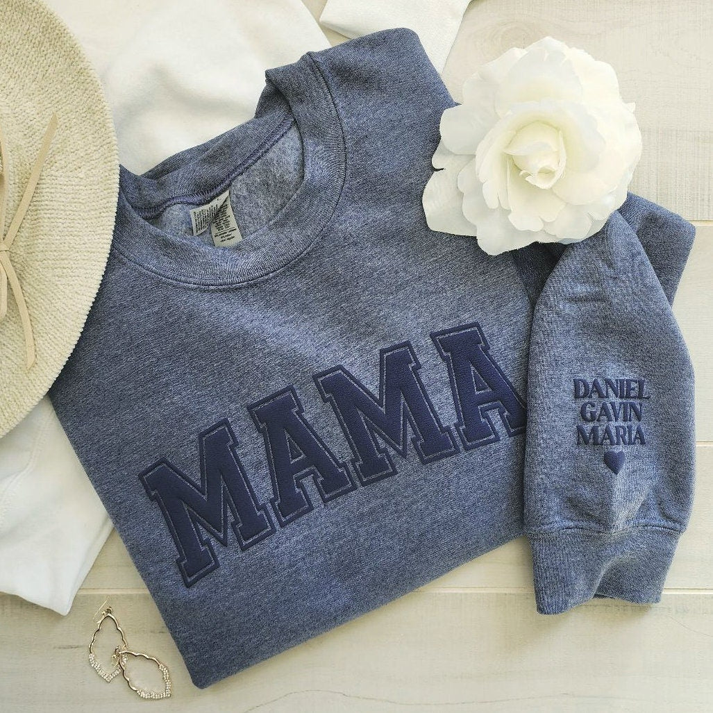 Mama Script Keepsake Sweatshirt with Puff Lettering, Personalized Kid Names on Sleeve, Mama Sweater, New Mom Gift, Silver