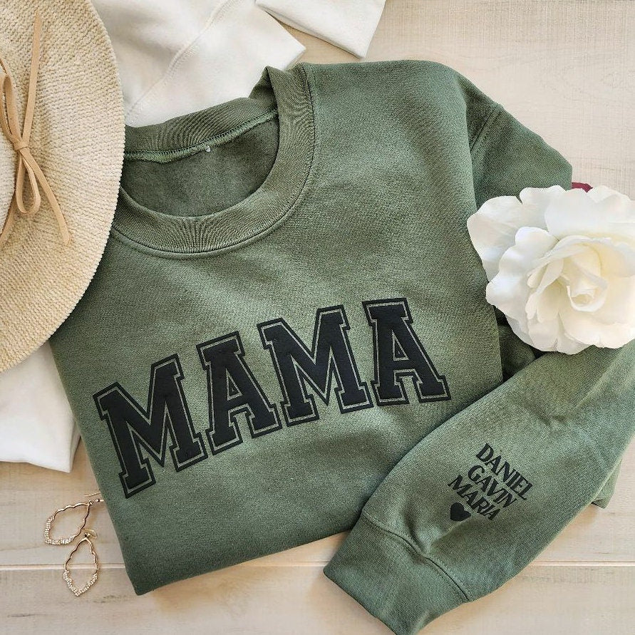 Mama Script Keepsake Sweatshirt with Puff Lettering, Personalized Kid Names on Sleeve, Mama Sweater, New Mom Gift, Silver