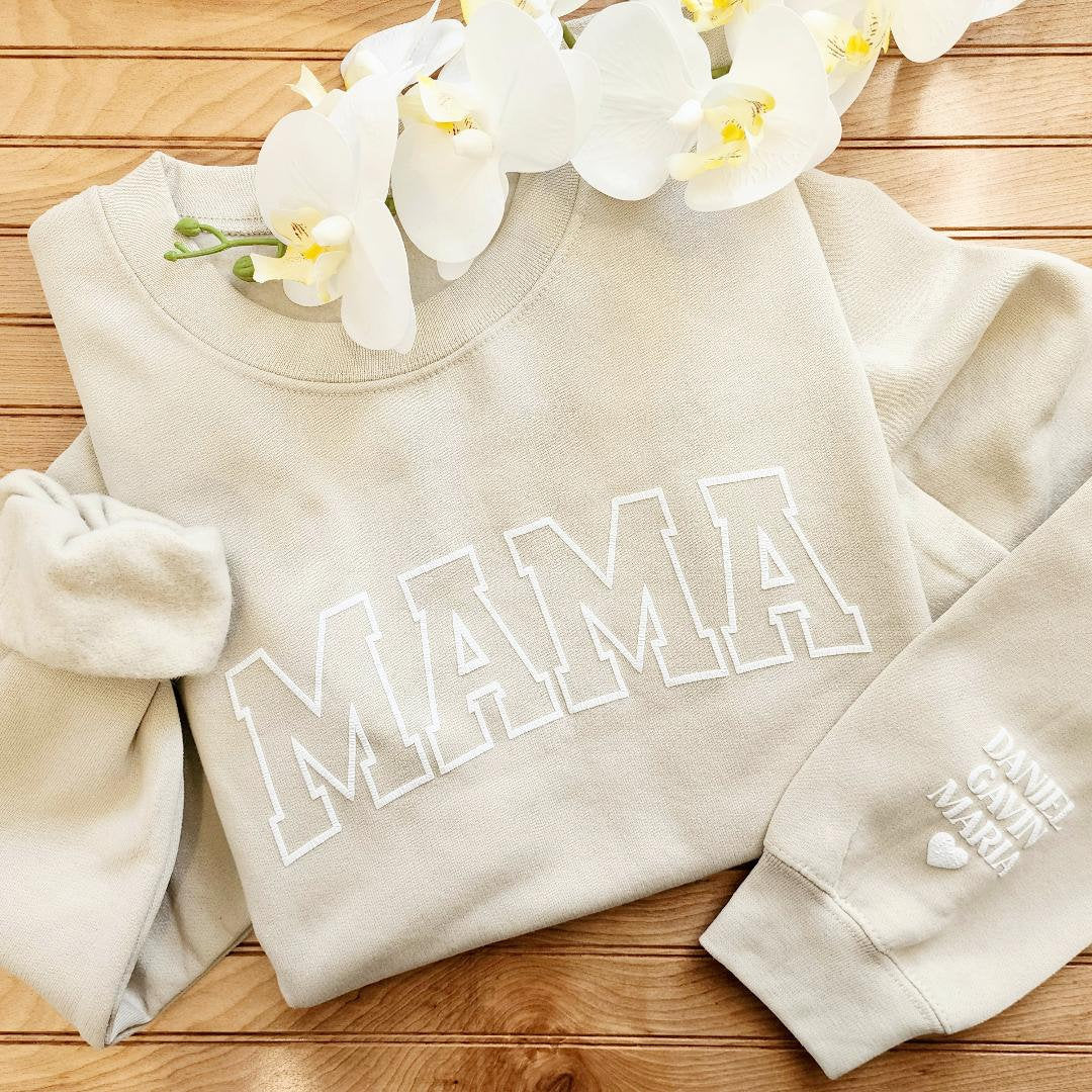 Personalized Mama Sweatshirt with Kid Names on Sleeve, Mothers Day Gift, Birthday Gift for Mom, Minimalist Cool Mom Sweater, New Mom, Sand