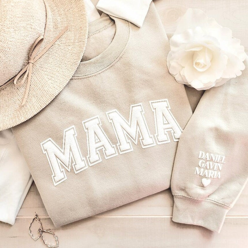 Mama Script Keepsake Sweatshirt with Puff Lettering, Personalized Kid Names on Sleeve, Mama Sweater, New Mom Gift, Silver