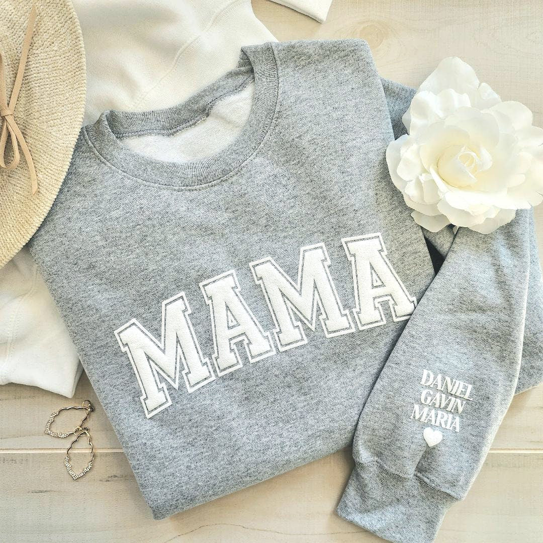 Momma Keepsake Sweatshirt with Puff Lettering, Personalized Kid Names on Sleeve, Mom Sweater, New Mom Gift, Maroon