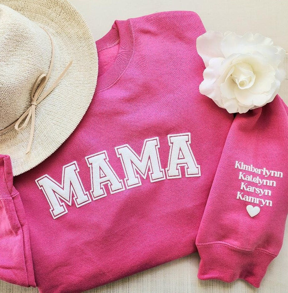 Mama Sweatshirt with Puff Lettering, Personalized Kid Names on Sleeve, Mama Sweater, Birthday Gift for Her, Gift for New Mom, Hot Pink