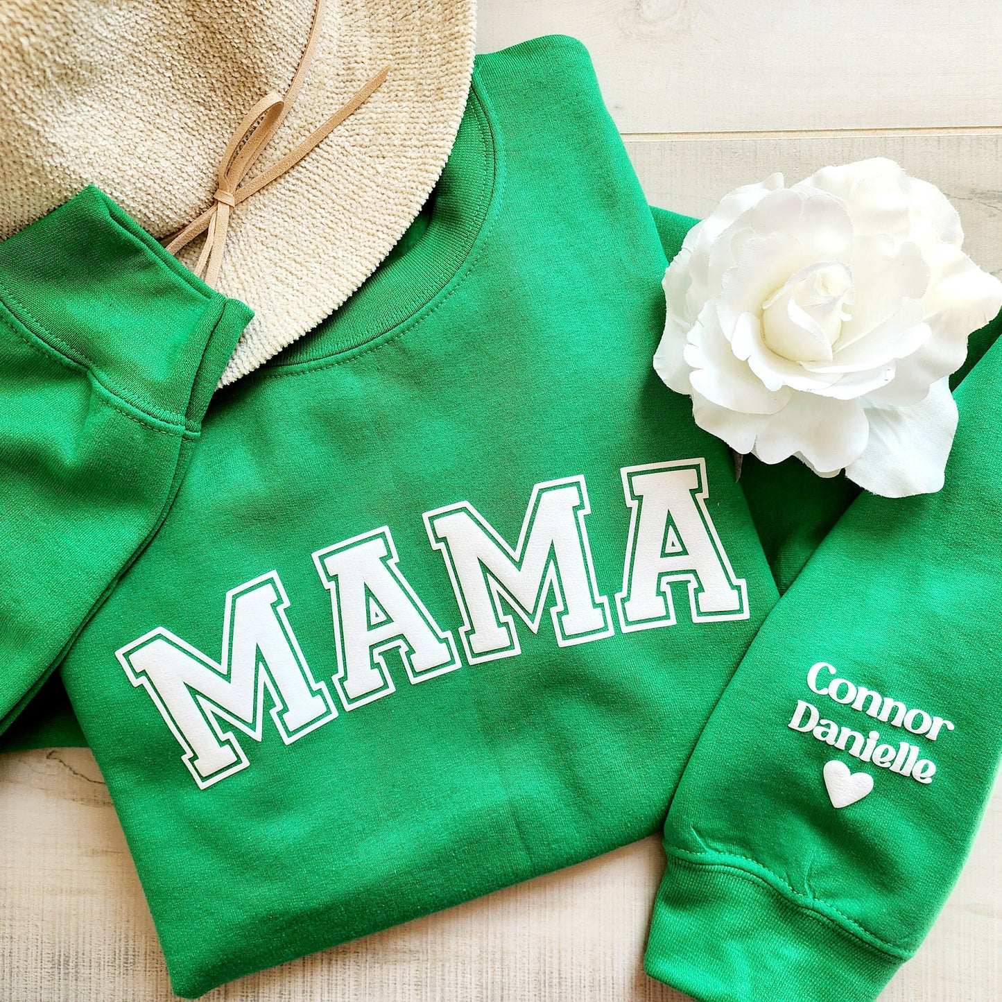 Mama Sweatshirt with Puff Lettering, Personalized Kid Names on Sleeve, kelly Green Mama Sweater, Birthday Gift for Her, Gift for New Mom