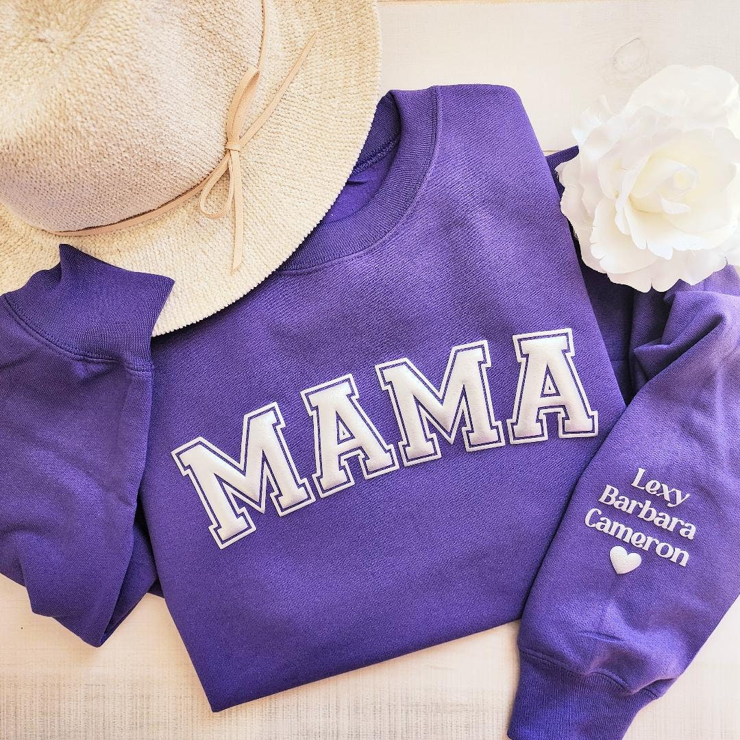 Mama Keepsake Sweatshirt with Puff Lettering, Personalized Kid Names on Sleeve, Mama Sweater, New Mom Gift, Birthday Gift, Baby Name, Purple