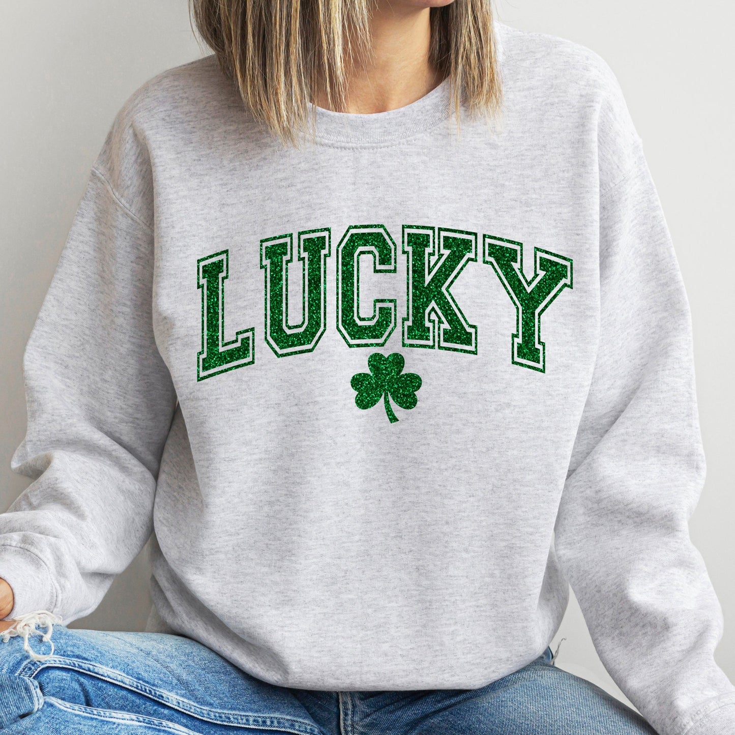 St. Patricks Day Sweatshirt for Women, Lucky Crewneck, Irish Gift For Her, University Shirt, Clover, Pullover Sweater, Green Glitter