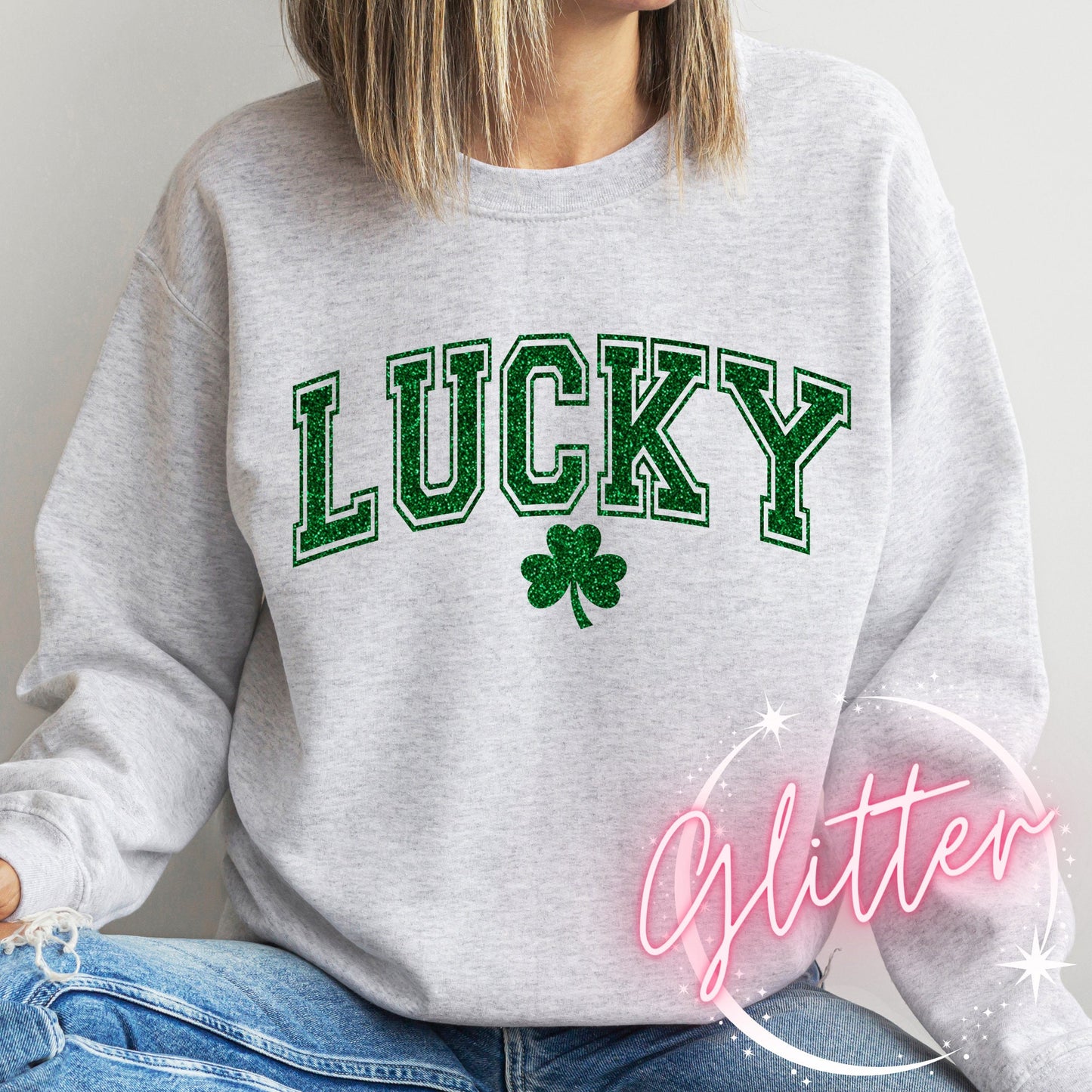 St. Patricks Day Sweatshirt for Women, Lucky Crewneck, Irish Gift For Her, University Shirt, Clover, Pullover Sweater, Green Glitter