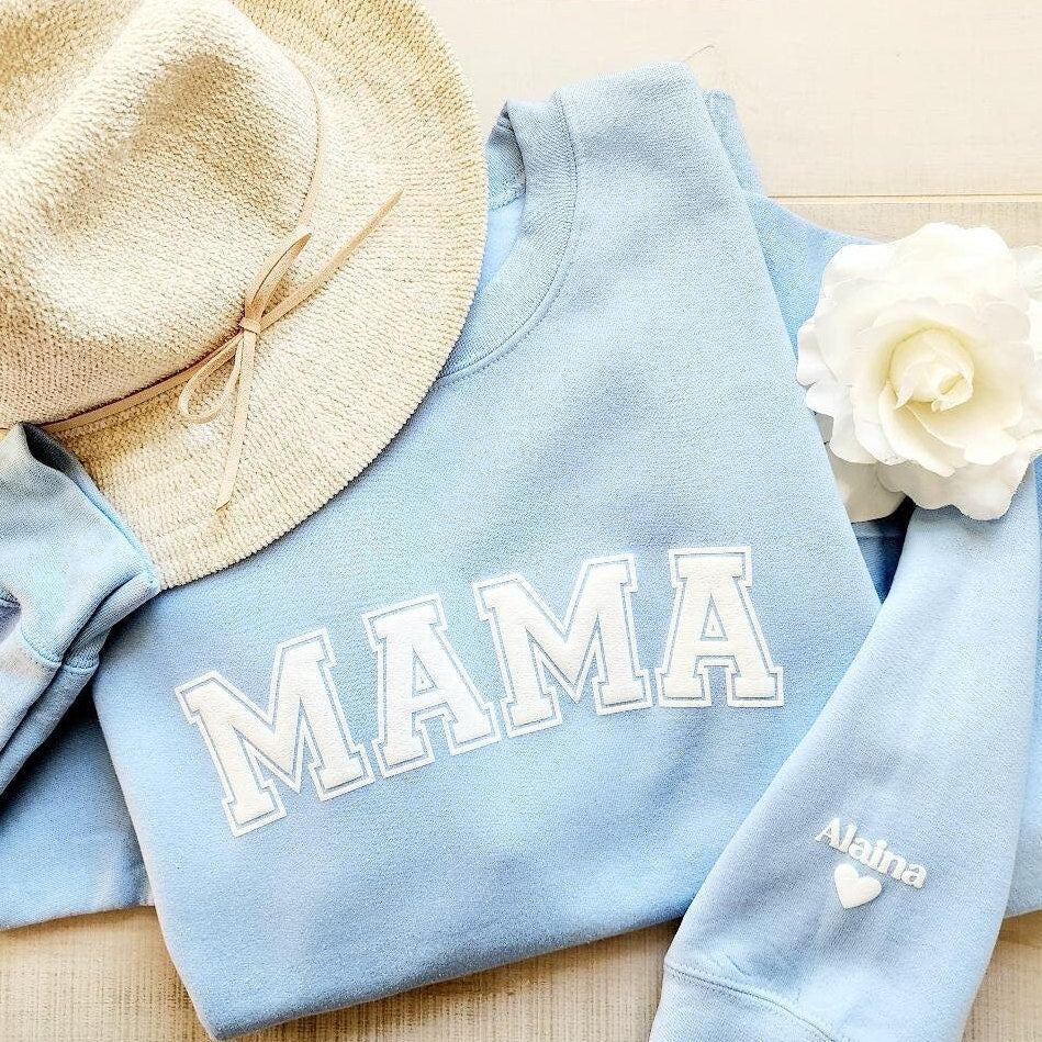 Mama Sweatshirt with Puff Lettering, Personalized Kid Names on Sleeve, Mama Sweater, Birthday Gift for Her, Gift for New Mom, Light Blue