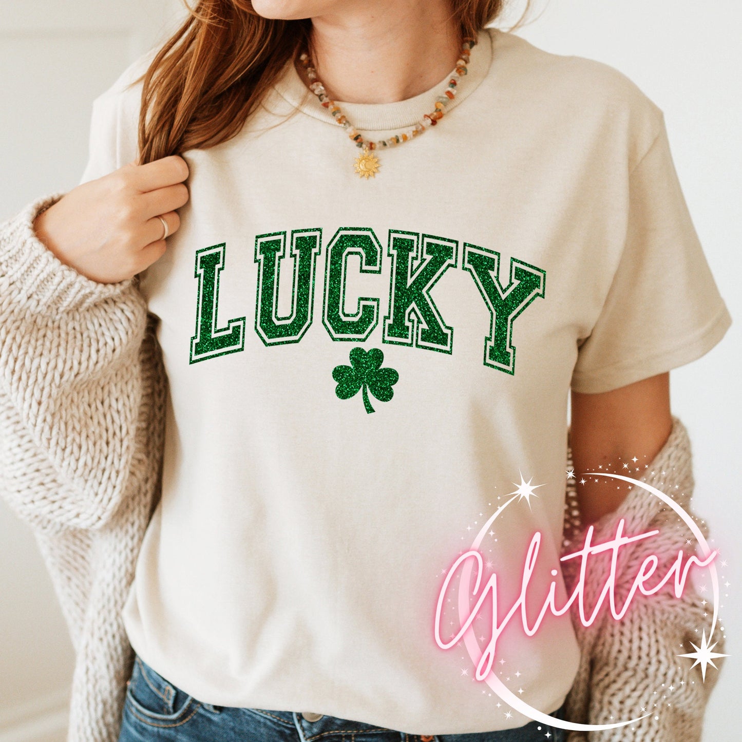 Lucky Irish Tee Shirt or Sweatshirt for Women, St Patrick's Day Crewneck Sweater, Irish Gift For Her, University Shirt, Clover Green Glitter