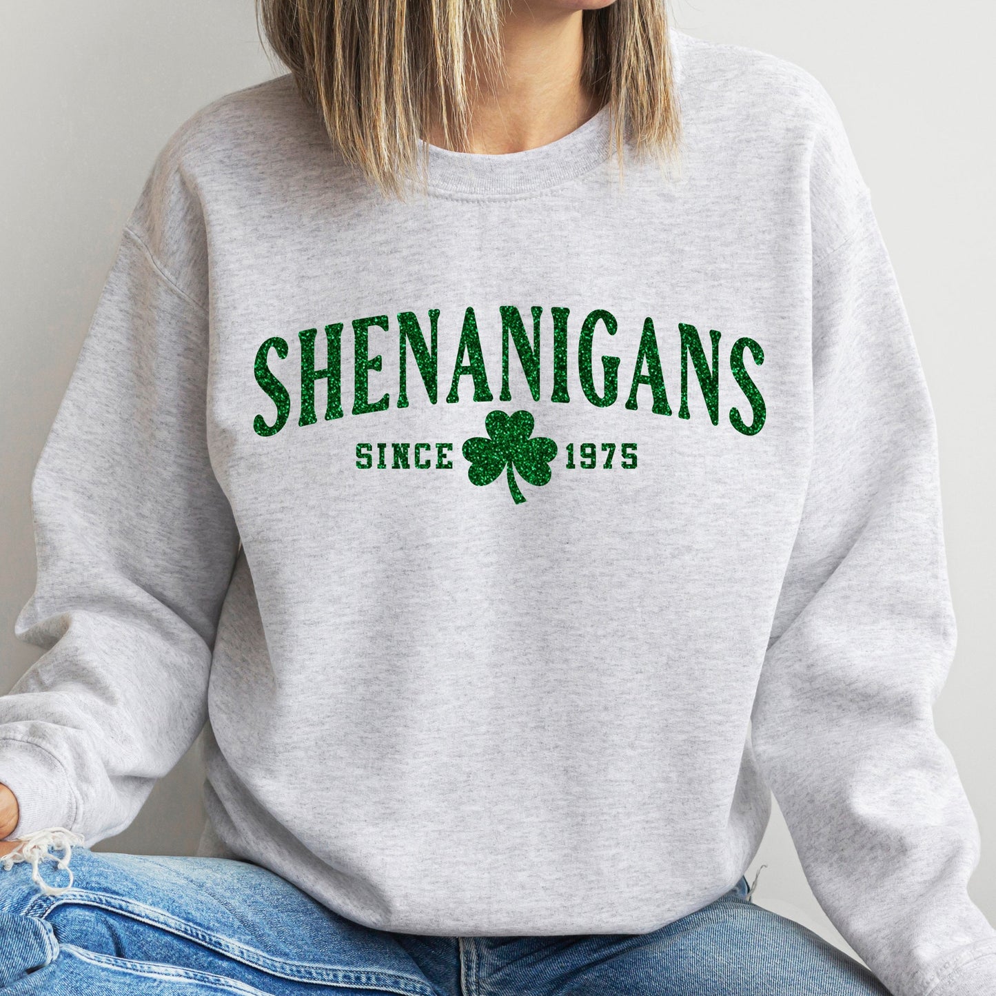 Custom Birth Year Shenanigans Sweatshirt or Tee Shirt for Women, Irish Gift For Her, Shamrock, Crew Sweater, St. Patrick's, Green Glitter