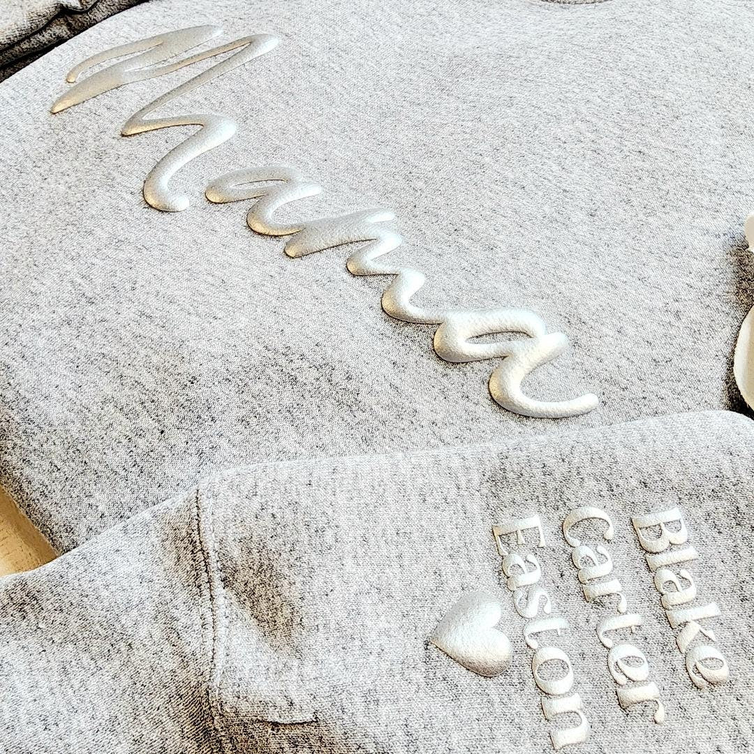 Mama Script Keepsake Sweatshirt with Puff Lettering, Personalized Kid Names on Sleeve, Mama Sweater, New Mom Gift, Silver