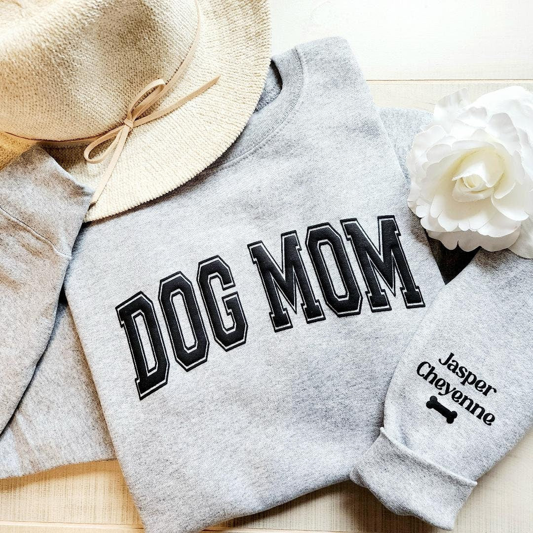Custom Dog Mom Sweatshirt with Puff Lettering, Personalized Pet Names on Sleeve, Fur Mom Sweater