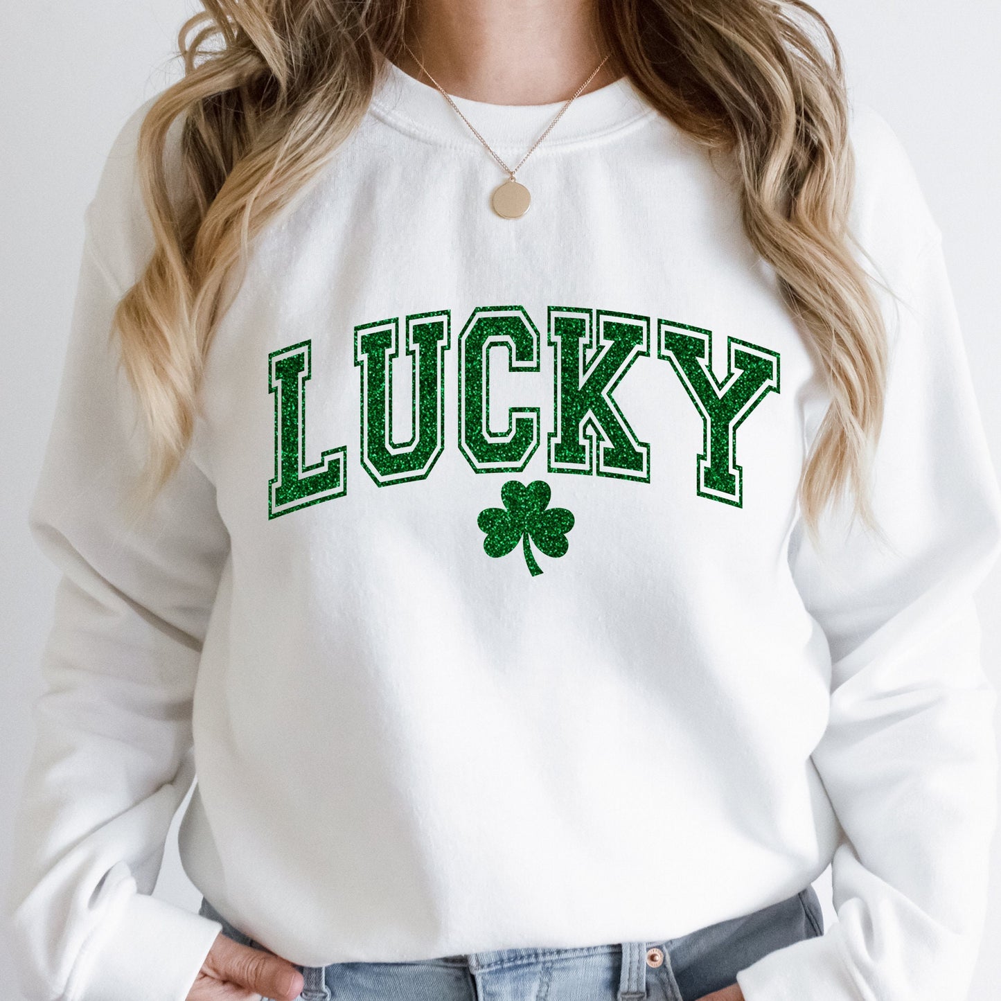 St. Patricks Day Sweatshirt for Women, Lucky Crewneck, Irish Gift For Her, University Shirt, Clover, Pullover Sweater, Green Glitter