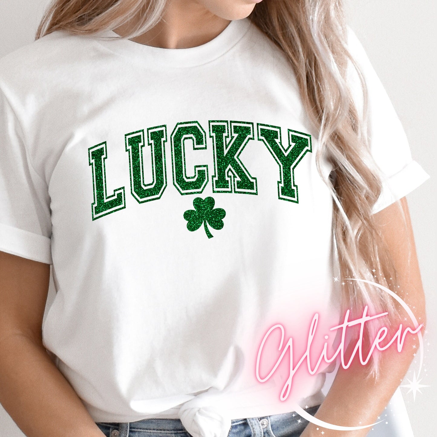Lucky Irish Tee Shirt or Sweatshirt for Women, St Patrick's Day Crewneck Sweater, Irish Gift For Her, University Shirt, Clover Green Glitter