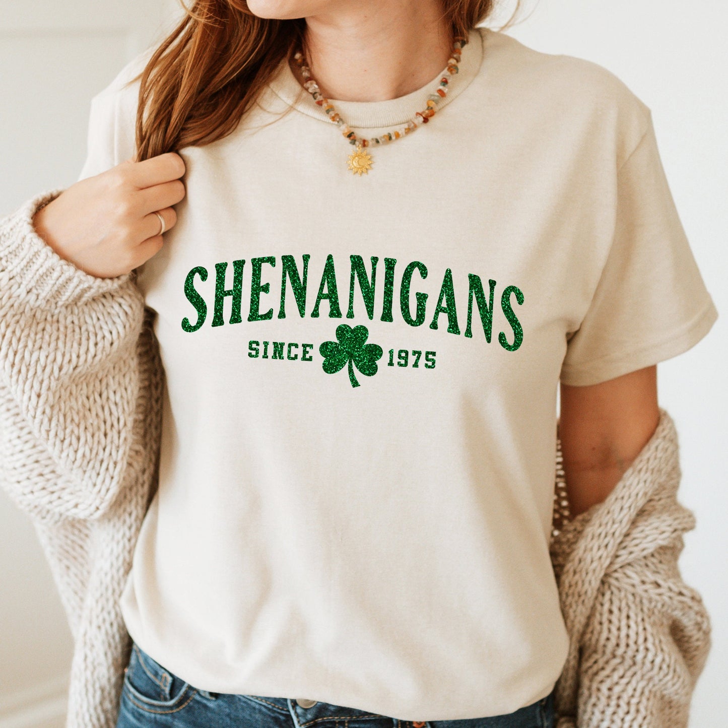 Custom Birth Year Shenanigans Sweatshirt or Tee Shirt for Women, Irish Gift For Her, Shamrock, Crew Sweater, St. Patrick's, Green Glitter