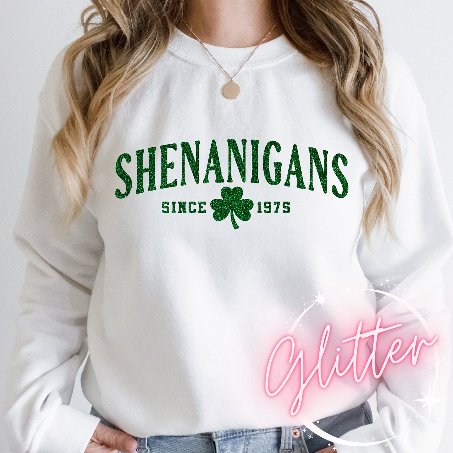 Custom Birth Year Shenanigans Sweatshirt or Tee Shirt for Women, Irish Gift For Her, Shamrock, Crew Sweater, St. Patrick's, Green Glitter