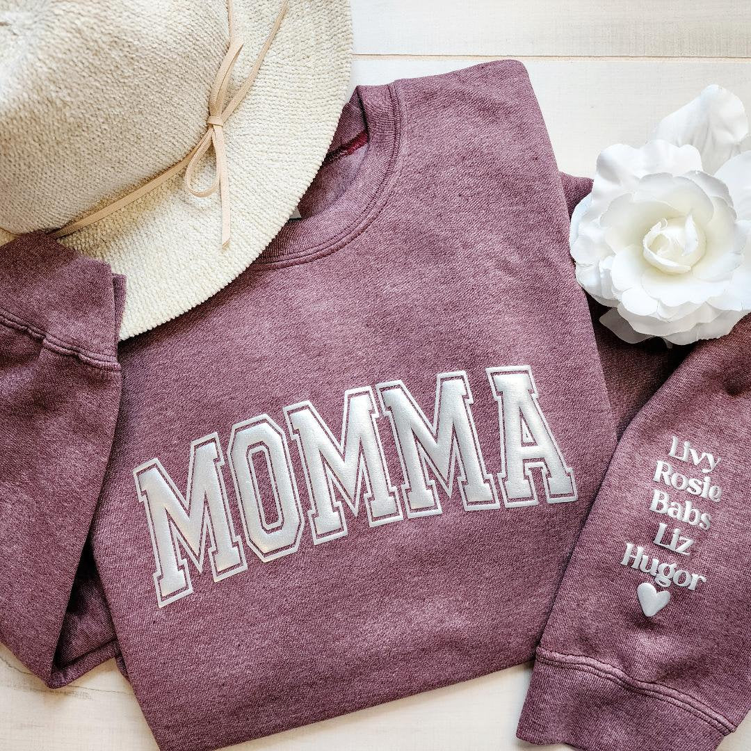 Momma Keepsake Sweatshirt with Puff Lettering, Personalized Kid Names on Sleeve, Mom Sweater, New Mom Gift, Maroon