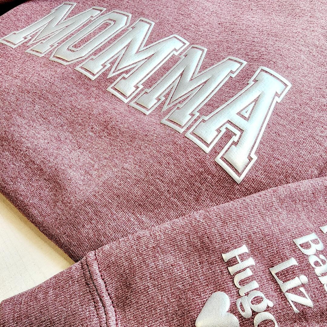 Momma Keepsake Sweatshirt with Puff Lettering, Personalized Kid Names on Sleeve, Mom Sweater, New Mom Gift, Maroon