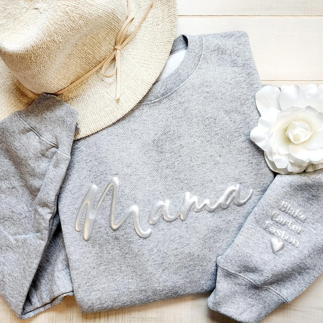 Mama Script Keepsake Sweatshirt with Puff Lettering, Personalized Kid Names on Sleeve, Mama Sweater, New Mom Gift, Silver