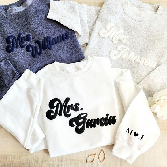 Custom Retro Mrs Sweatshirt, Puff Embossed, Personalized Gift For Bride, Future Mrs Sweatshirt, Unique Bridal Shower Gift, Mrs Gift