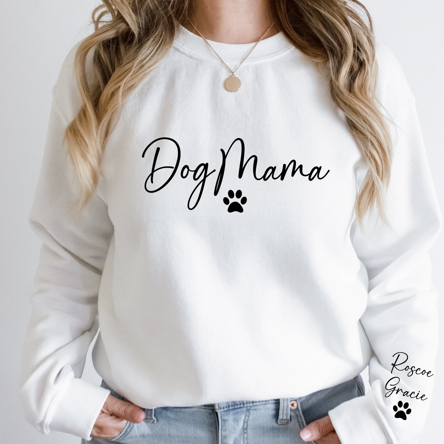 Custom Dog Mama Sweatshirt, Personalized Pet Name on Sleeve Design, Dog Mom Life Crew Neck Sweater, Fur Mama Gift For Her, New Dog Lover