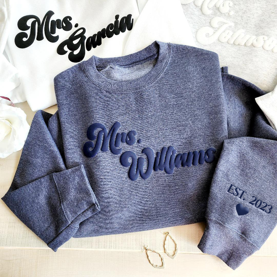 Custom Retro Mrs Sweatshirt, Puff Embossed, Personalized Gift For Bride, Future Mrs Sweatshirt, Unique Bridal Shower Gift, Mrs Gift