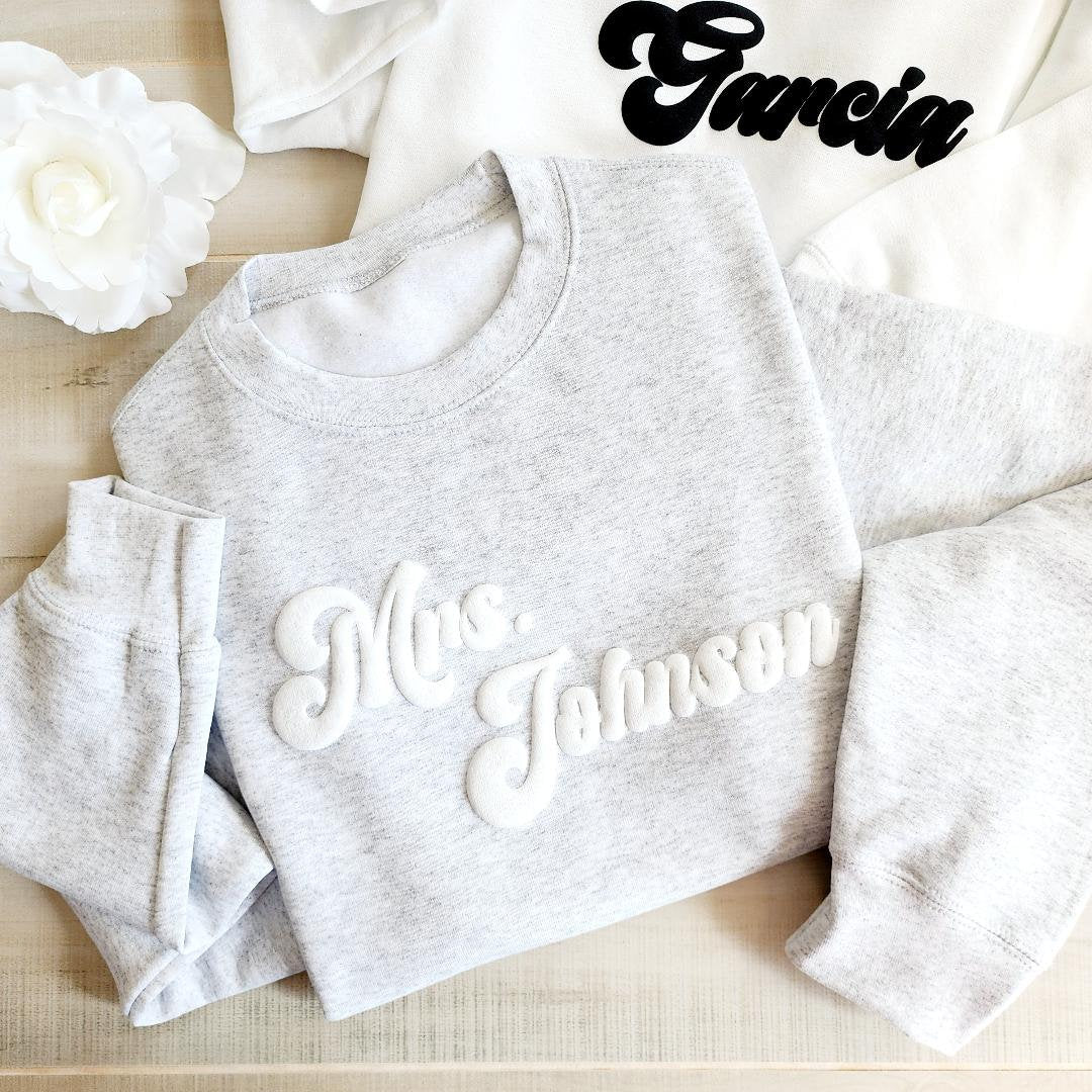 Custom Retro Mrs Sweatshirt, Puff Embossed, Personalized Gift For Bride, Future Mrs Sweatshirt, Unique Bridal Shower Gift, Mrs Gift