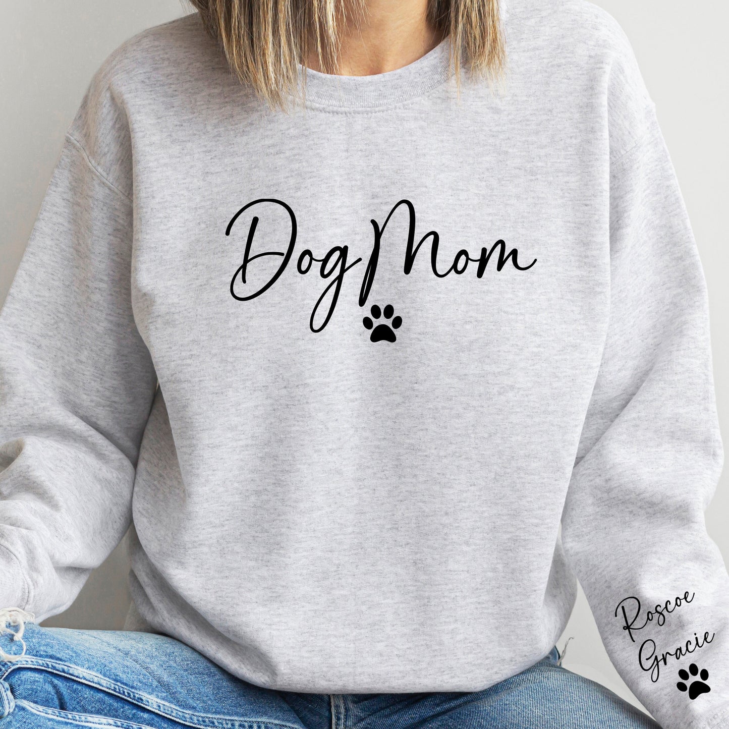 Custom Dog Mama Sweatshirt, Personalized Pet Name on Sleeve Design, Dog Mom Life Crew Neck Sweater, Fur Mama Gift For Her, New Dog Lover