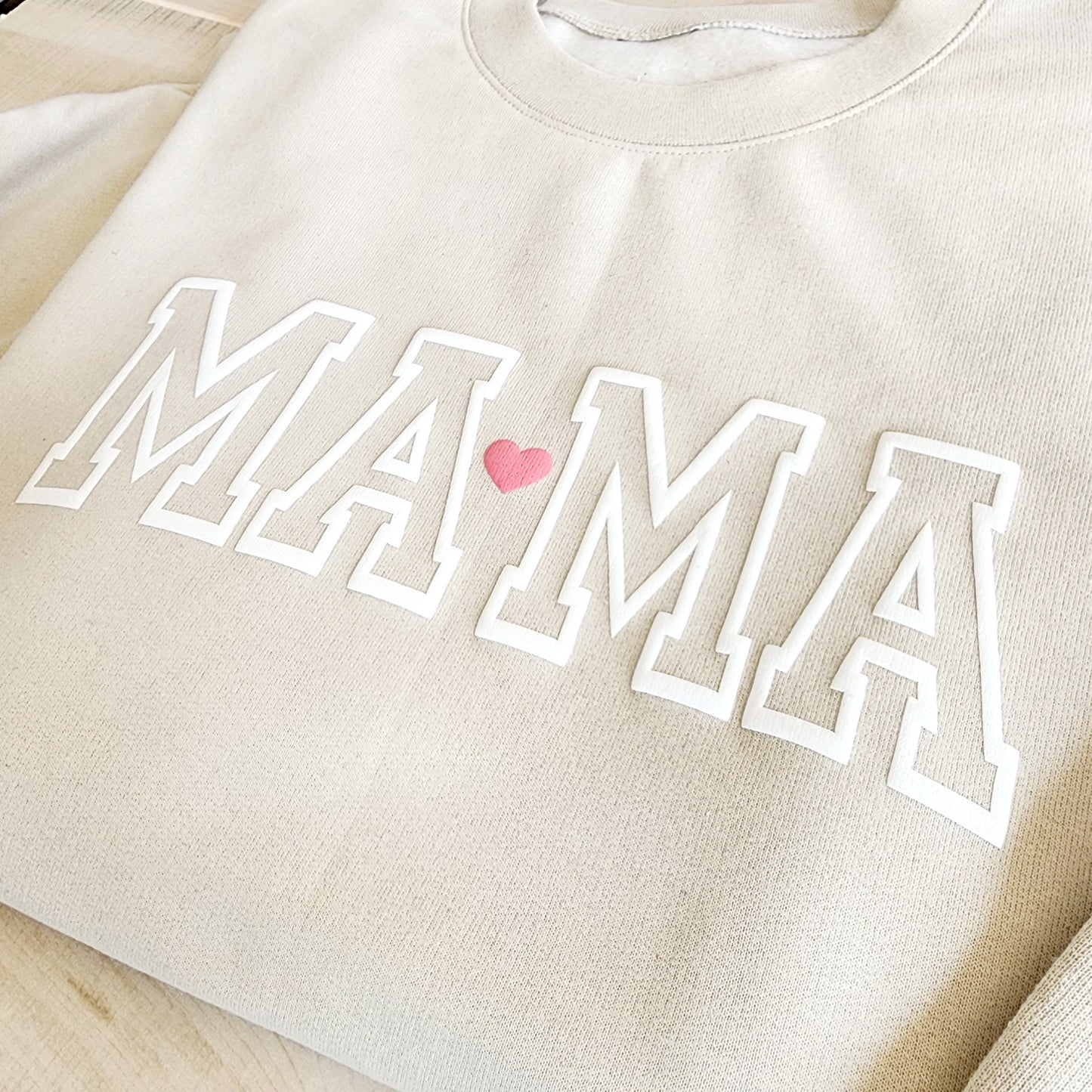 Mama with Pink Heart Keepsake Sweatshirt with Puff Lettering, Personalized Kid Names on Sleeve, Mom Sweater, Custom New Mom Gift for Her