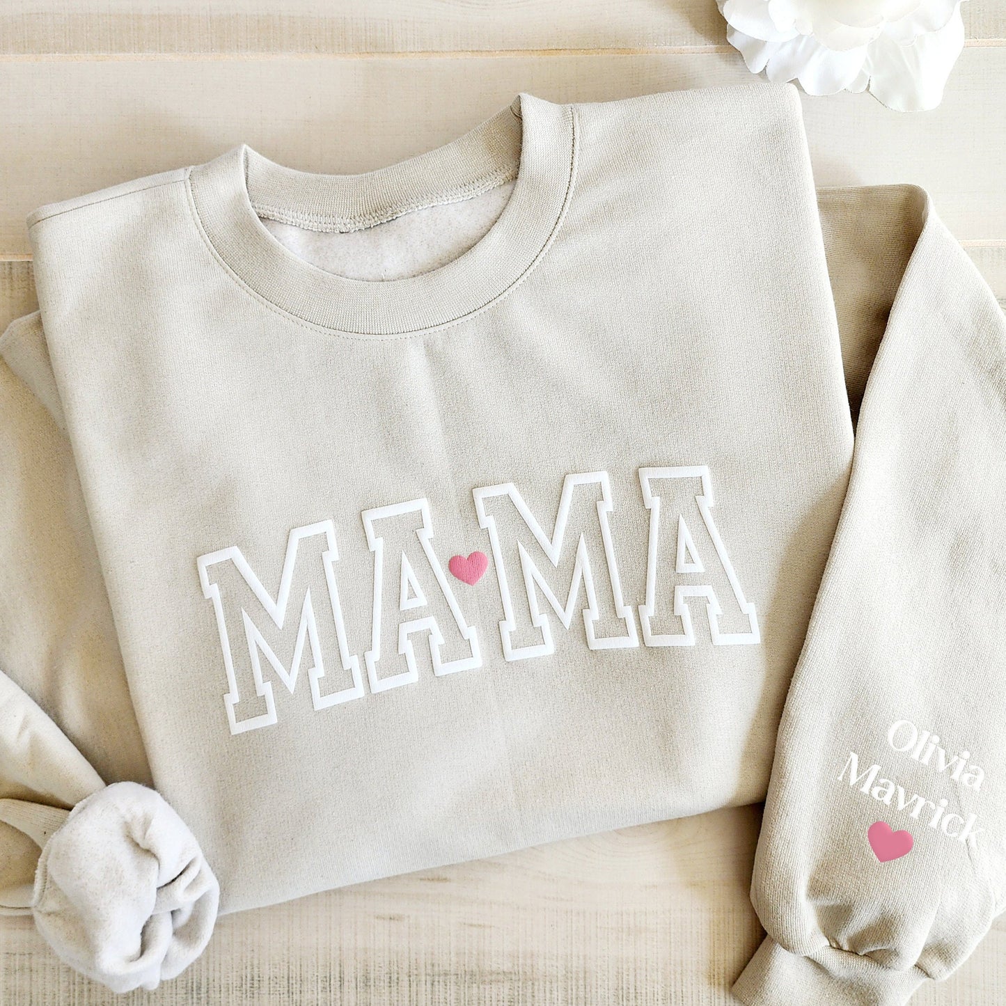 Mama Keepsake Sweatshirt with Pink Heart Puff Lettering, Personalized Kid Names on Sleeve, Embossed Sweater, Custom New Mom Gift for Her