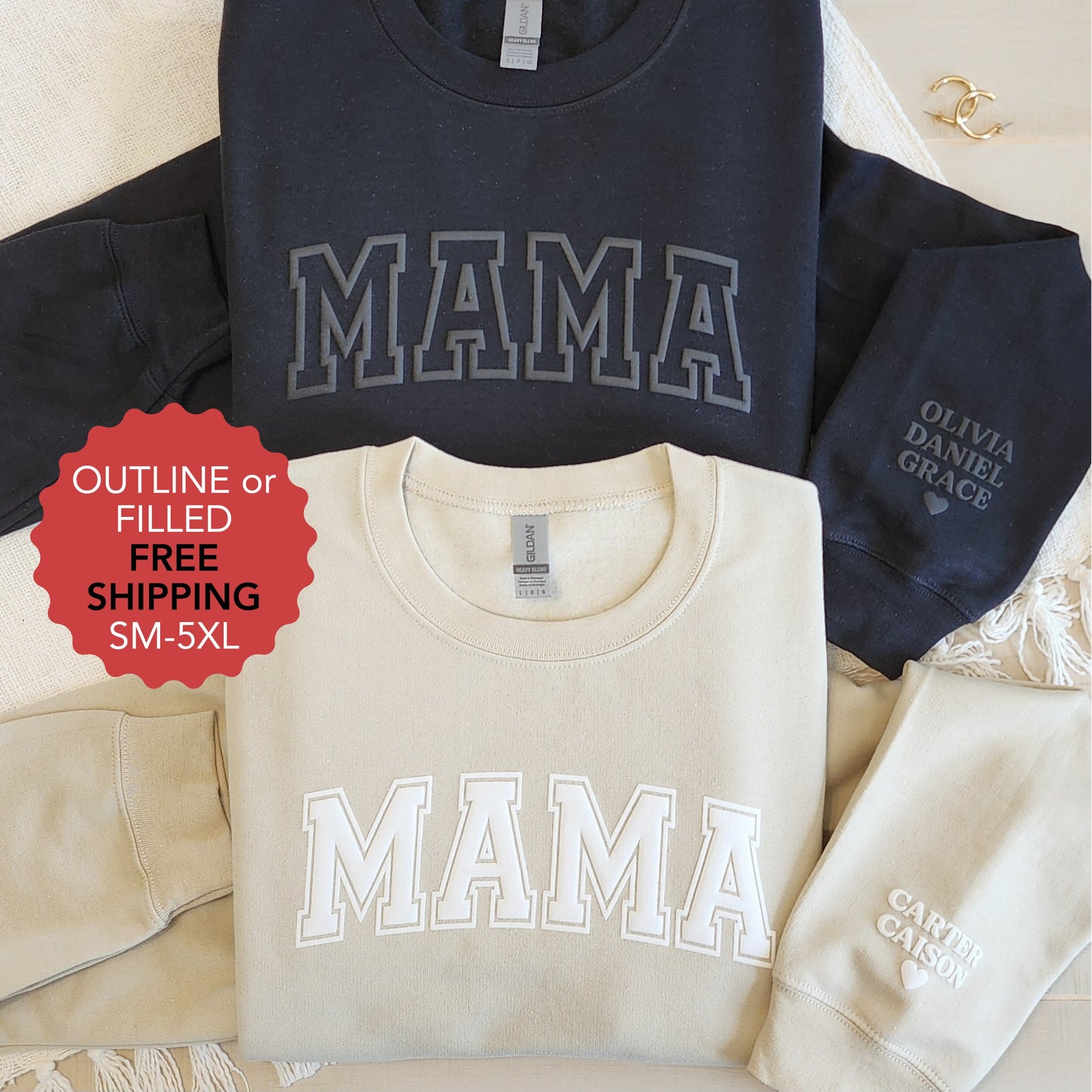 Mama Sweatshirt with Puff Lettering, Personalized Kid Names on Sleeve, Mama Sweater, Gift for Her, New Mom, Baby Shower, Mother Daughter