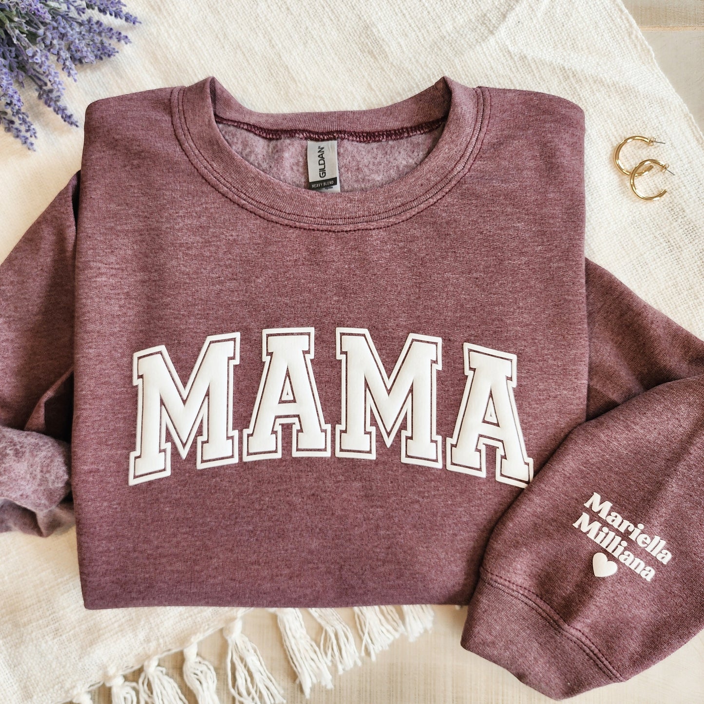 Mama Keepsake Sweatshirt with Puff Lettering, Personalized Kid Names on Sleeve, Mama Sweater, New Mom Gift, Maroon