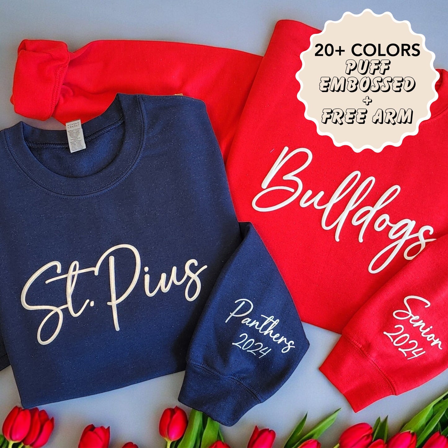 Custom Team Name Embossed Puff Sweatshirt with Free Personalized Arm, School Mascot Shirt