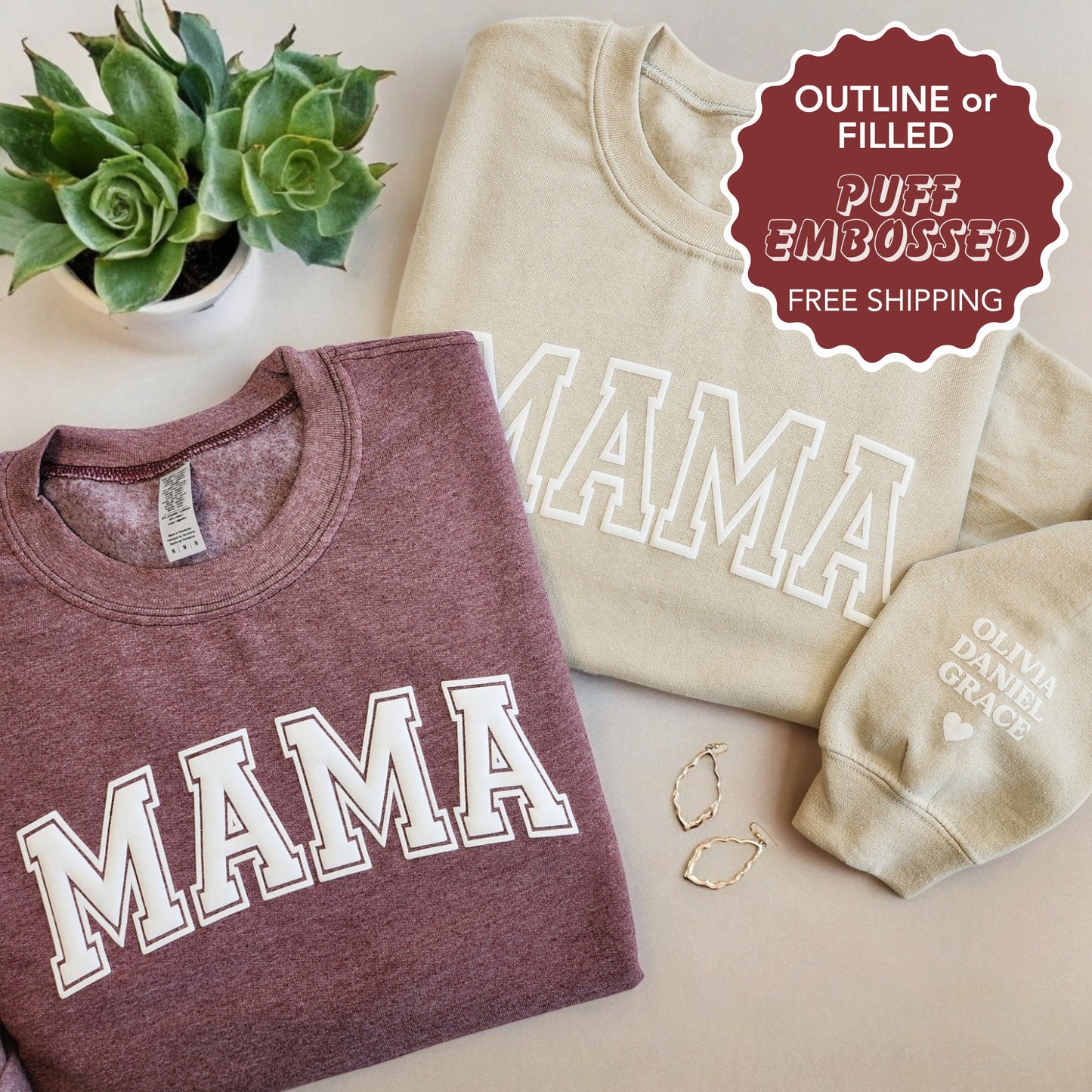 Mama Keepsake Sweatshirt with Puff Lettering, Personalized Kid Names on Sleeve, Mama Sweater, New Mom Gift, Maroon