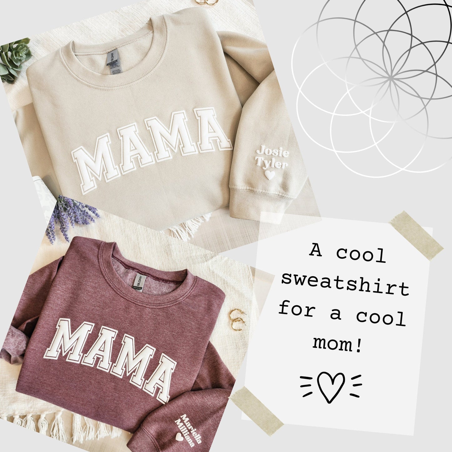 Mama Keepsake Sweatshirt with Puff Lettering, Personalized Kid Names on Sleeve, Mama Sweater, New Mom Gift, Maroon