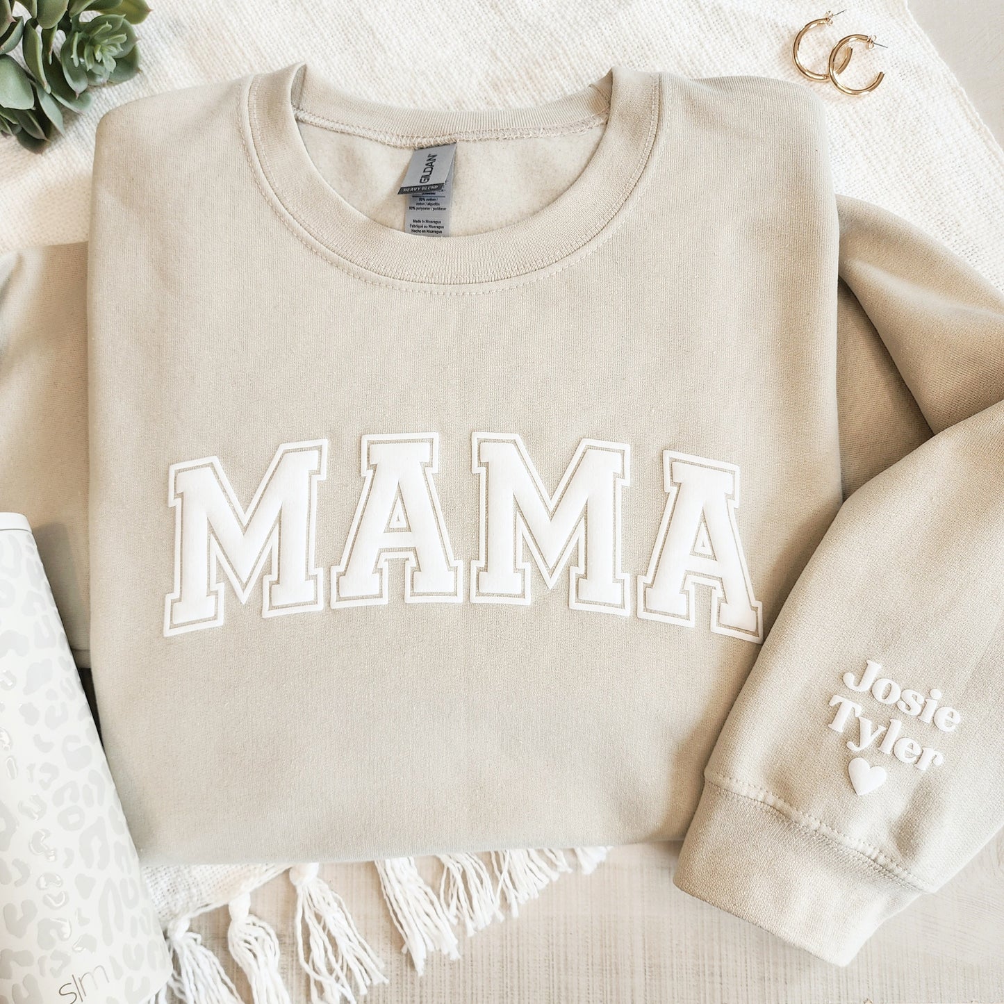 Mama Keepsake Sweatshirt with Puff Lettering, Personalized Kid Names on Sleeve, Mama Sweater, New Mom Gift, Black