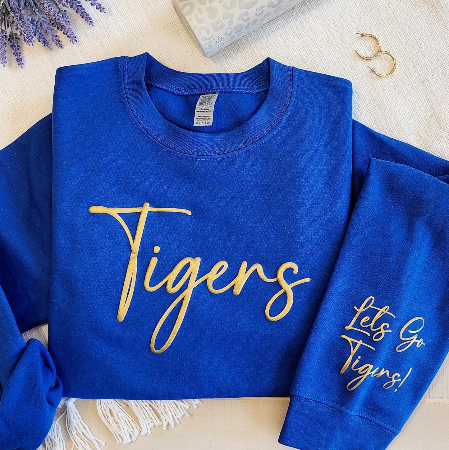 Custom Team Name Embossed Puff Sweatshirt with Free Personalized Arm, School Mascot Shirt