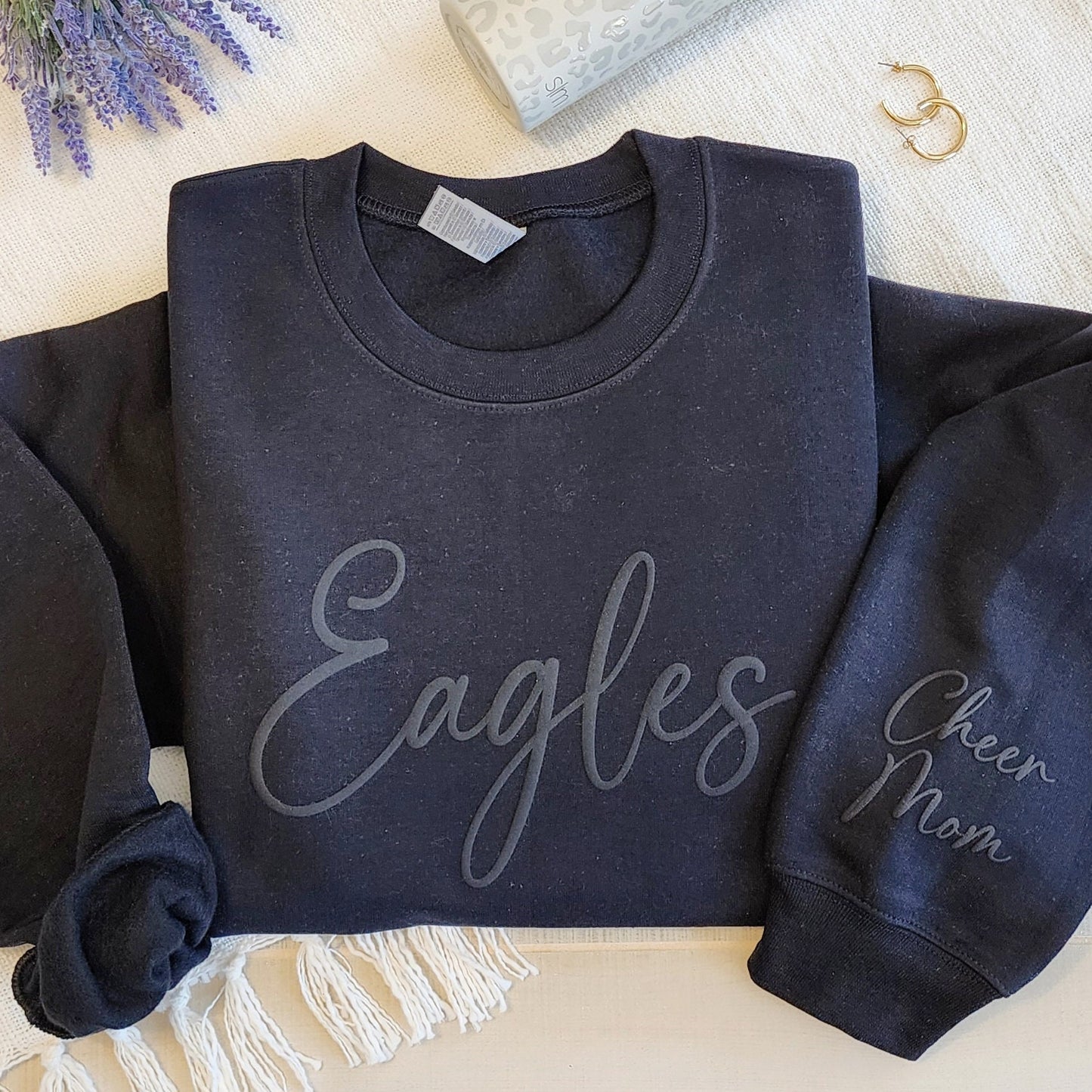 Custom Team Name Embossed Puff Sweatshirt with Free Personalized Arm, School Mascot Shirt