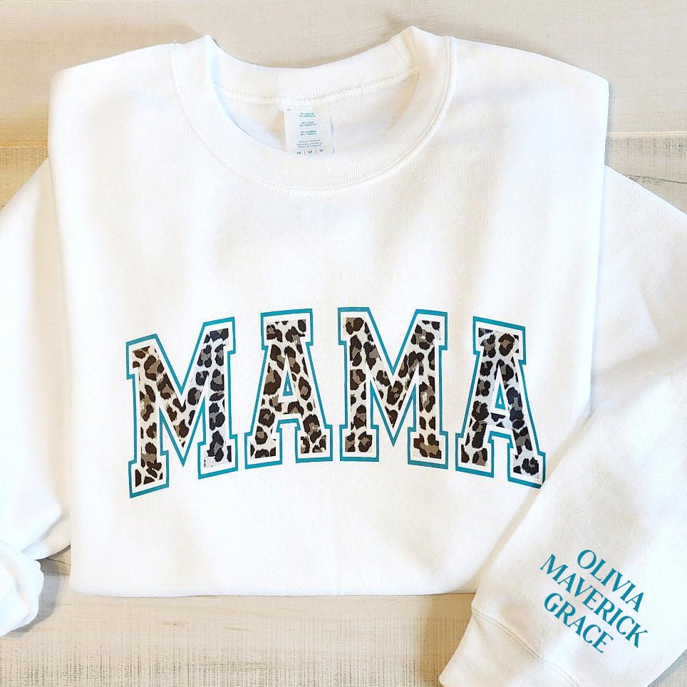 Cool Custom Mama Sweatshirt with Kids Names, Leopard Design, New Mom Sweater, Minimalist Momma Gift, Personalized Gift for Her, Baby Shower