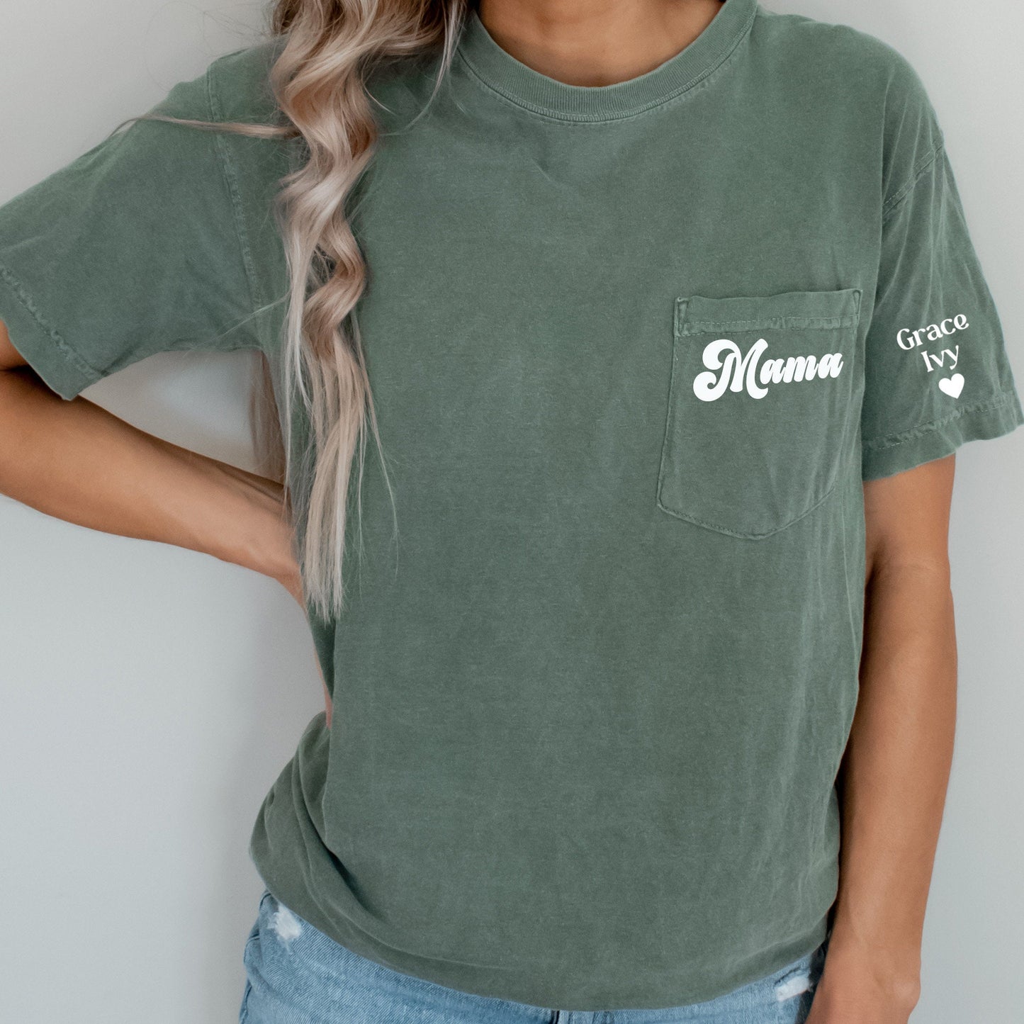 Comfort Colors Mama Tee Shirt, Personalized Arm with Kids Names, Graphic T-Shirt, Strong Woman Shirt, Women's T Shirt, Cool Mom Shirt