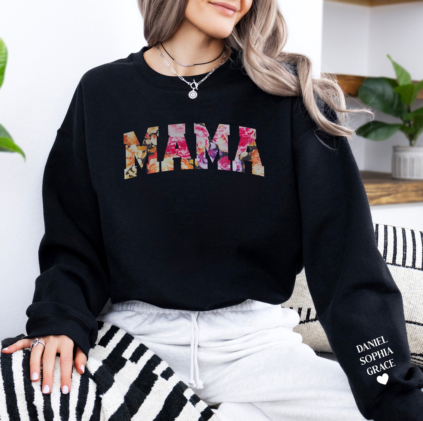 Mama Keepsake Sweatshirt in Metallic Flower Pattern, Personalized Kid Names on Sleeve, Mama Sweater, New Mom Gift, Mama Shirt